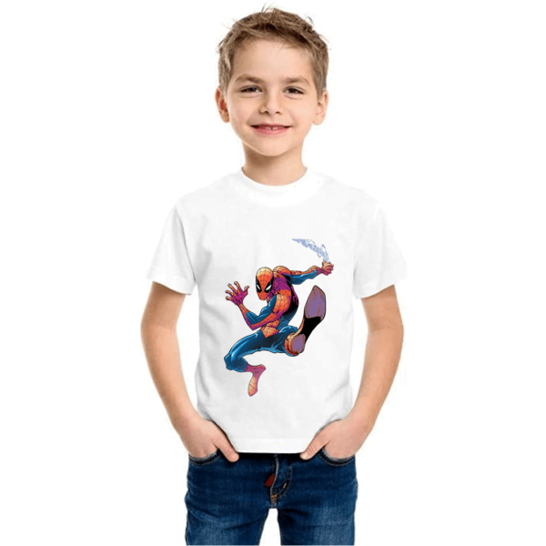 Product guruji Spidermen Action Print White Round Neck Regular Fit Premium Polyester Tshirt for Boys.…